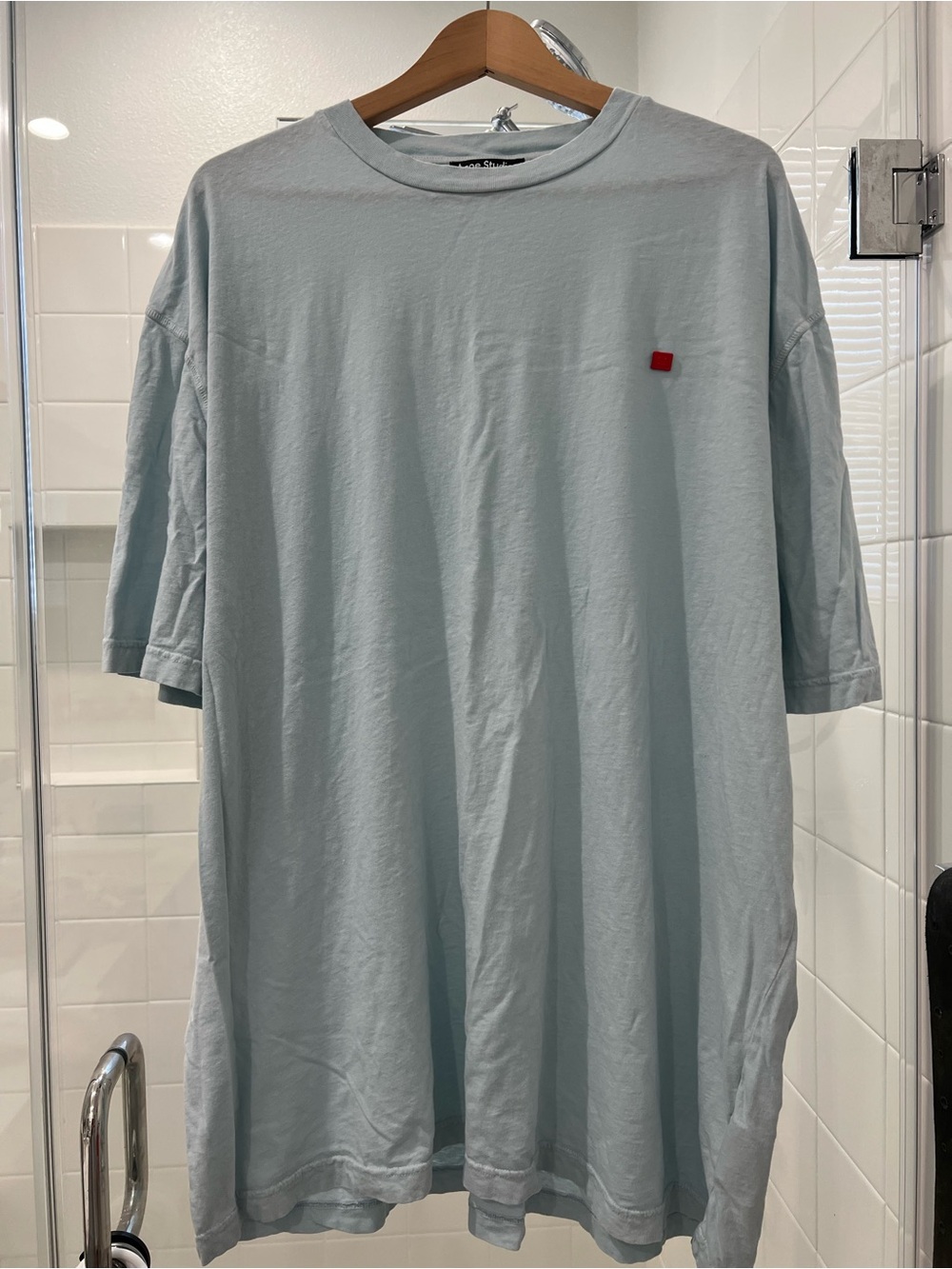 Acne Light Blue Short Sleeve Tee with Red Square Accent